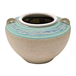 Studio Pottery Handmade Vase Handles Turquoise Blue Wave Glaze Beige Stoneware